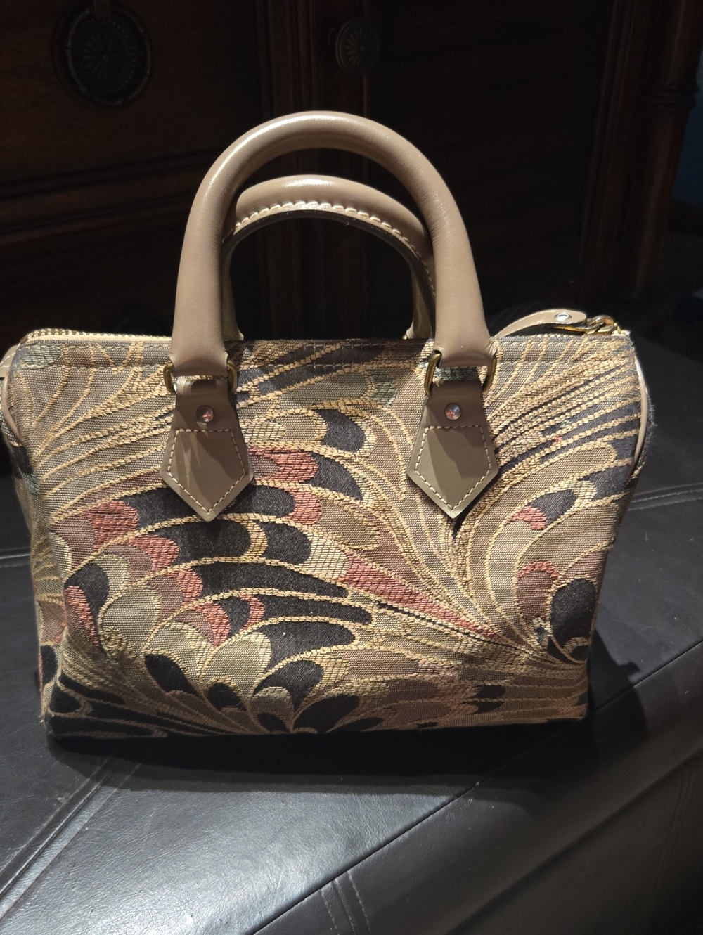 French~Tapestry Pattern Satchel Handbag in Tan and Black